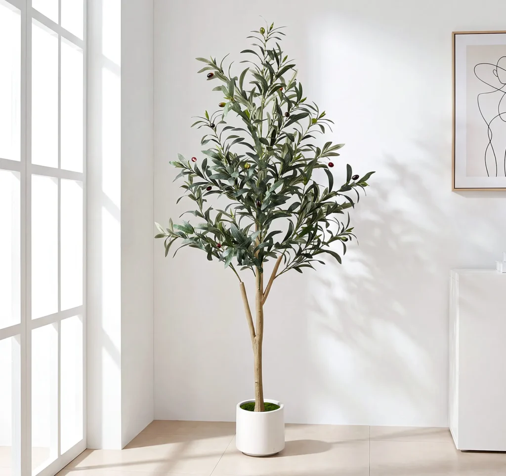 Single-trunk artificial olive tree beside a window in a neutral interior