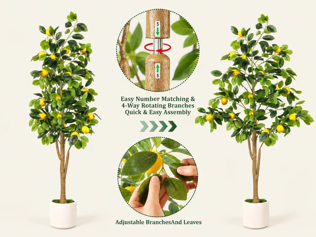 Hands assembling an Adorbox artificial lemon tree using numbered rotating branch connections with adjustable leaves and branches.