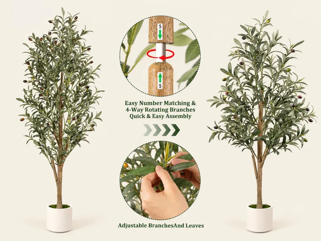 Adorbox 5 ft single-trunk artificial olive tree assembly guide showing numbered rotating branch connections and adjustable foliage before and after shaping.