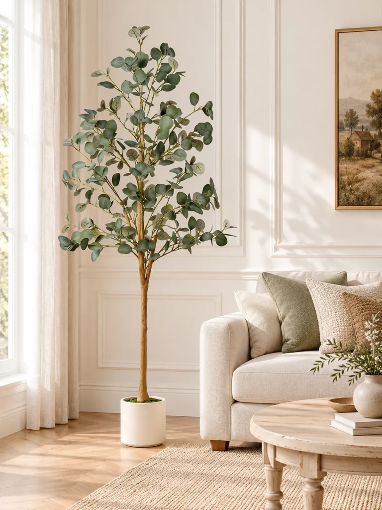 Artificial eucalyptus tree beside a neutral sofa in a bright living room
