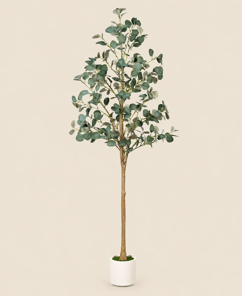 Adorbox 5 ft artificial eucalyptus tree with rounded green foliage and white planter