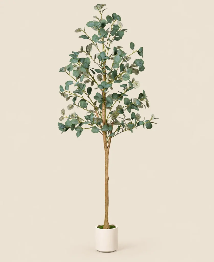Adorbox 6 ft artificial eucalyptus tree with rounded green foliage and white planter