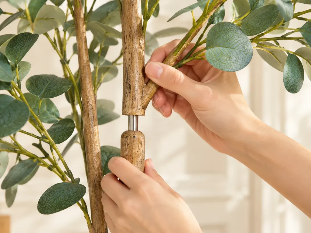 Hands connecting numbered branches during Adorbox artificial eucalyptus tree assembly
