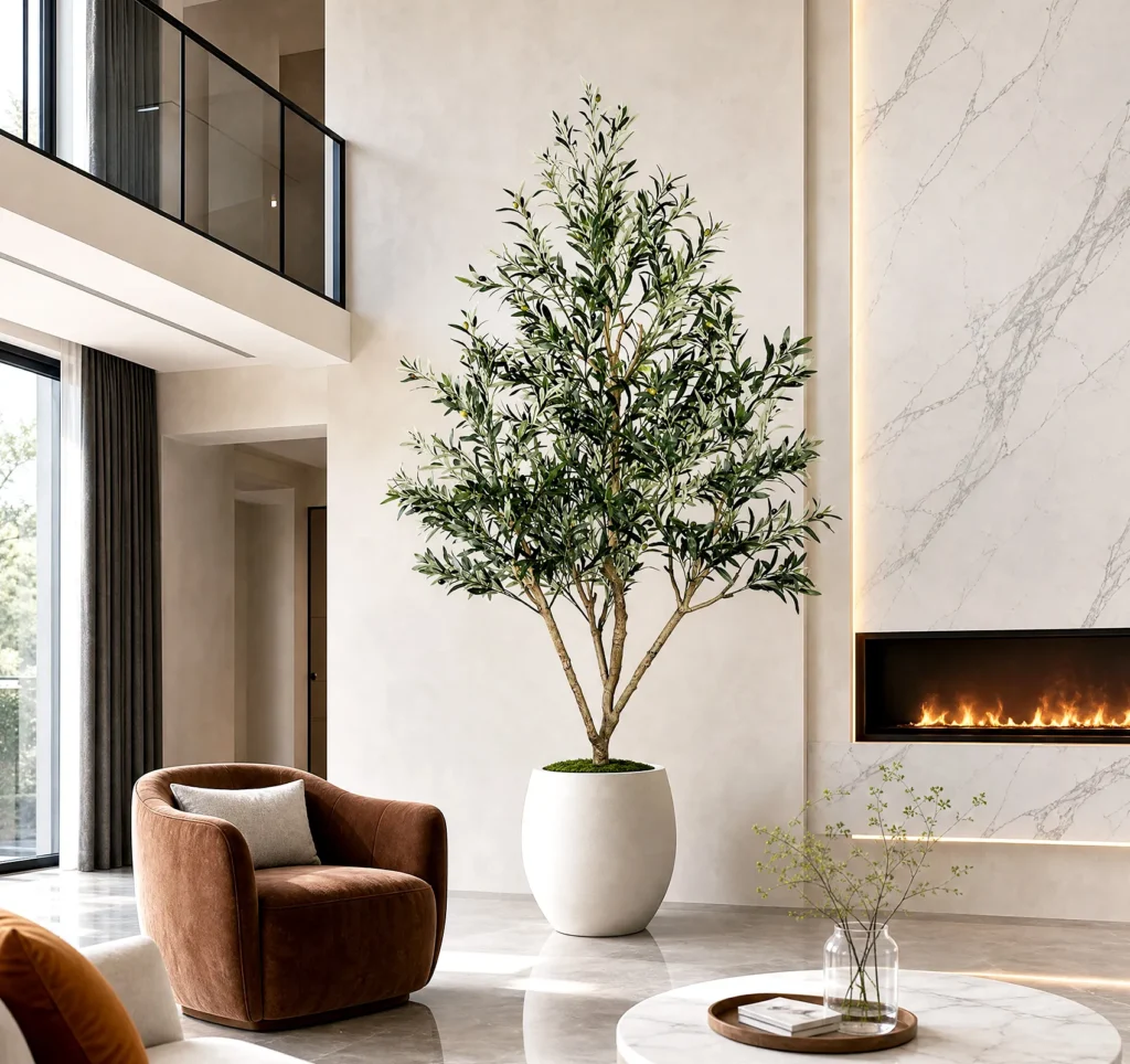 Three-trunk artificial olive tree in a contemporary living room