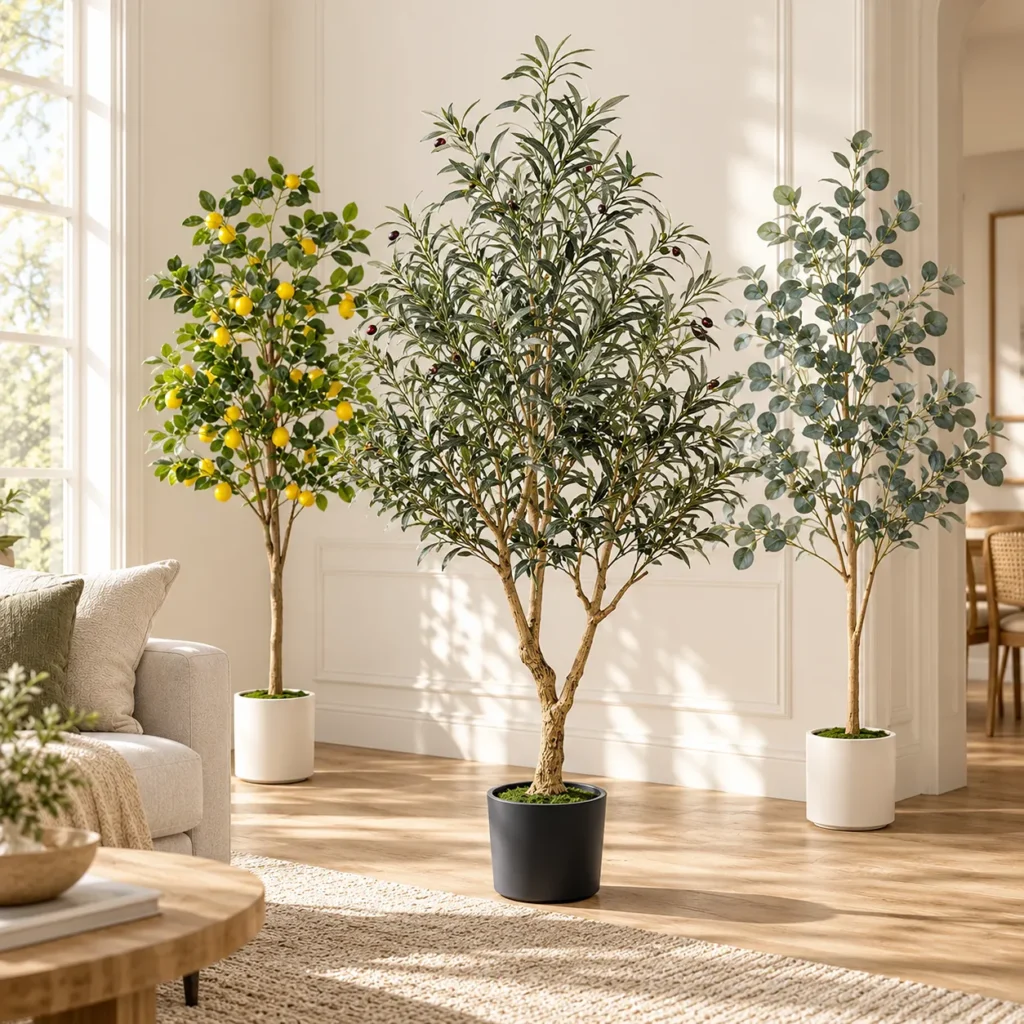 Artificial olive, lemon and eucalyptus trees arranged together in a warm modern home interior