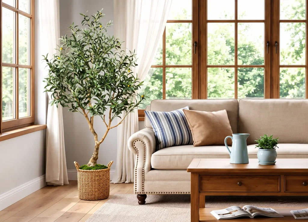 Artificial olive tree placed beside a sofa in a bright living room