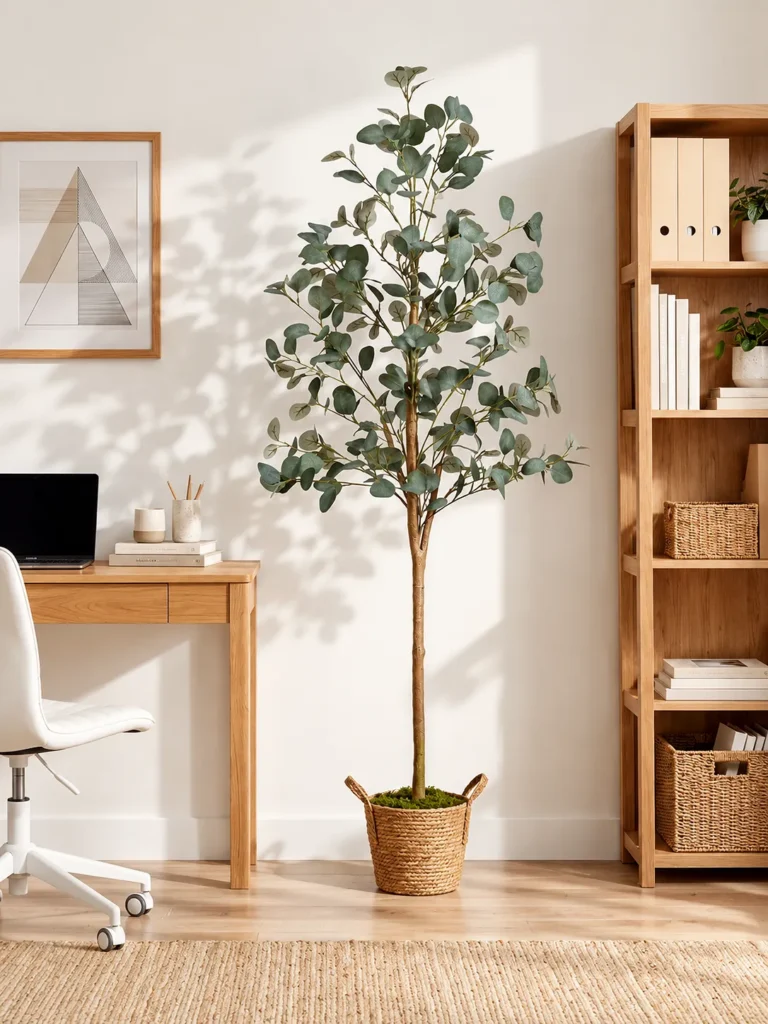 Artificial eucalyptus tree next to a desk and shelving in a modern home office