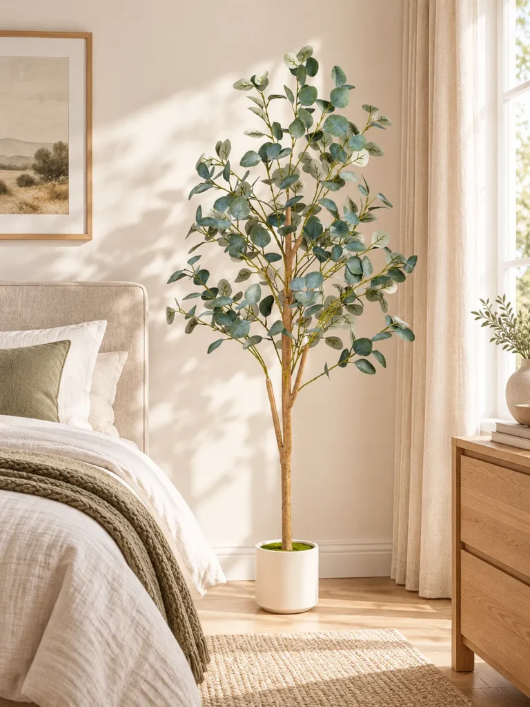 Artificial eucalyptus tree beside a bed in a warm neutral bedroom