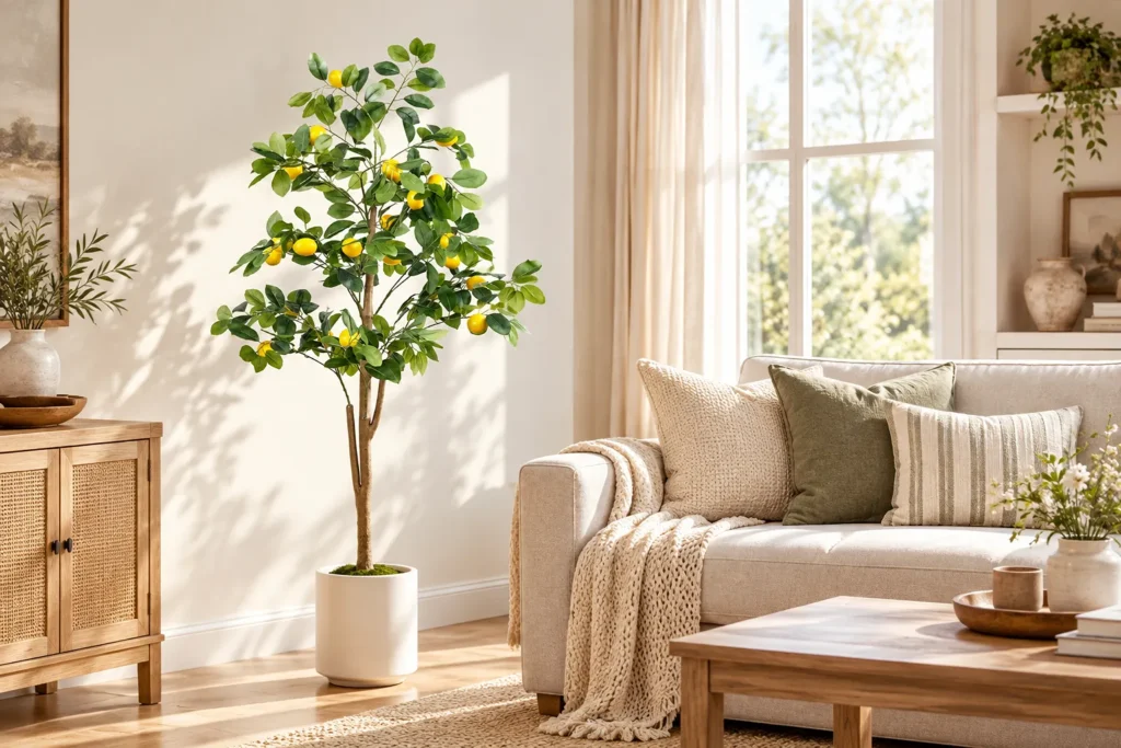 Artificial lemon tree styled beside a sofa in a warm, neutral living room