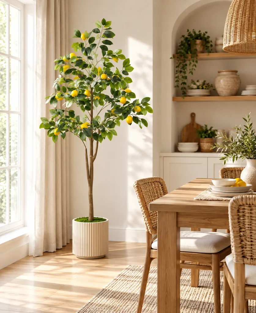 Artificial lemon tree displayed beside a dining table in a sunlit dining room